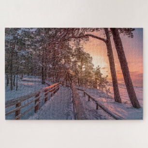 Winterzonsondergang in het dennenbos nabij zee puz legpuzzel