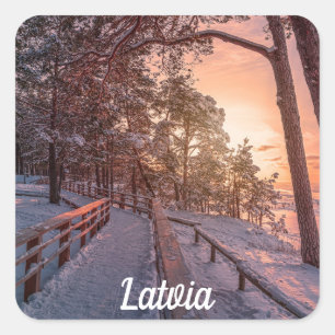 Winterzonsondergang in het dennenbos nabij zee vierkante sticker