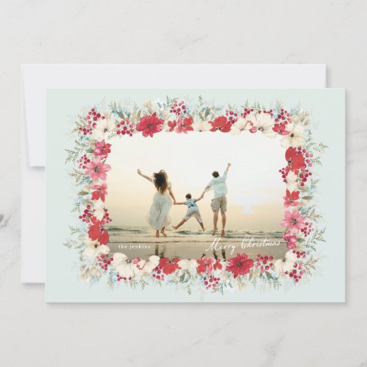 wintry poinsettia christmas botanical photo frame feestdagenkaart (Voorkant)