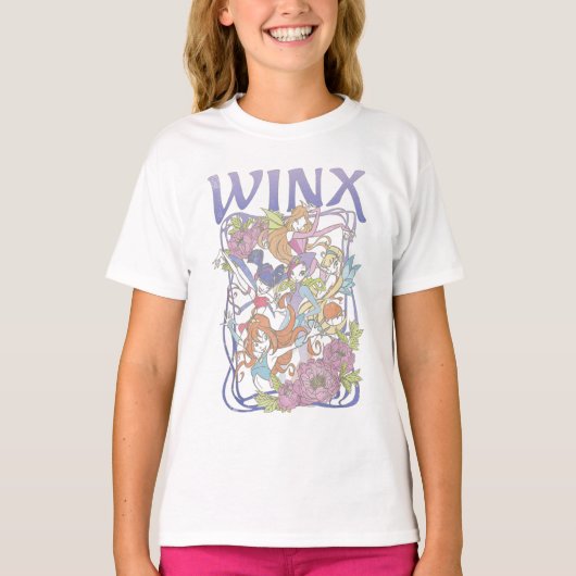 Winx Club Main Cast Fairy Poses Distressed Floral T-shirt (Voorkant)