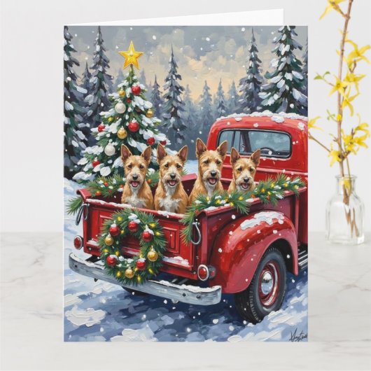 Wire Fox Terrier Christmas Red Truck Holiday Gift Kaart (Gele Bloem)