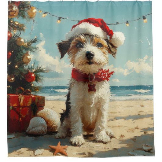 Wire Fox Terrier Dog Christmas  Beach Douchegordijn (Voorkant)