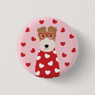 Wire Fox Terrier Dog Heart Glasses Roze Rood Ronde Button 3,2 Cm