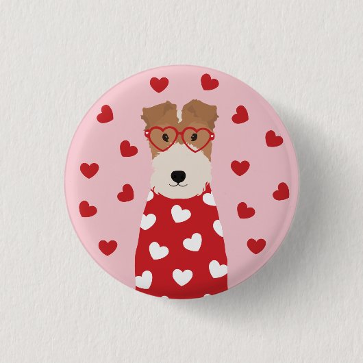 Wire Fox Terrier Dog Heart Glasses Roze Rood Ronde Button 3,2 Cm (Voorkant)