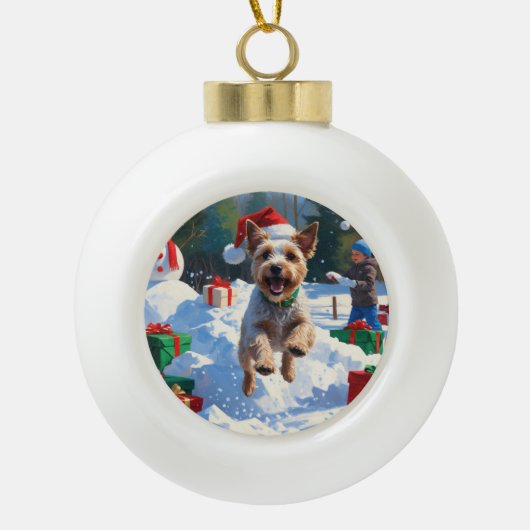 Wire Fox Terrier Hardloopsneeuw met kerst Pet Keramische Bal Ornament (Voorkant)
