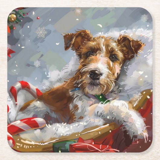 Wire Fox Terrier Hond Kerstfeest Kartonnen Onderzetters (Voorkant)