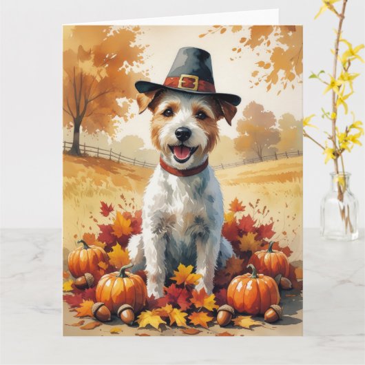 Wire Fox Terrier in de herfst verlaat Thanksgiving Kaart (Gele Bloem)