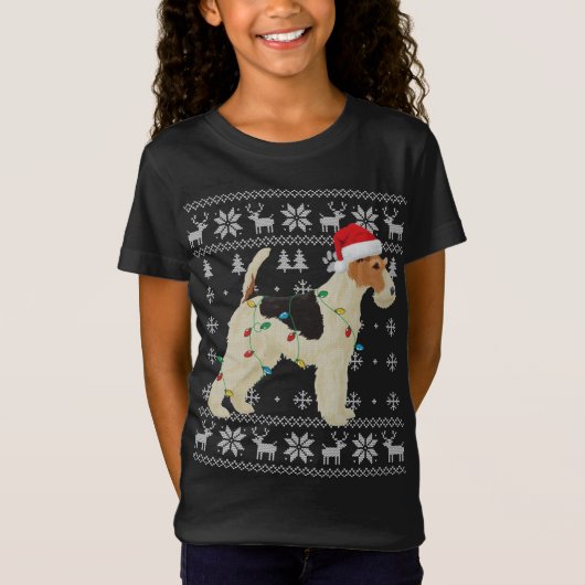 Wire Fox Terrier Kerst Lelijke Lichten Santa Hoed T-shirt (Voorkant)