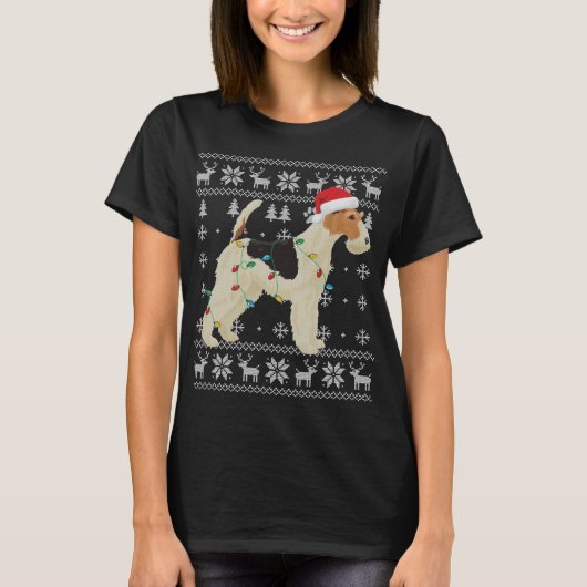 Wire Fox Terrier Kerst Lelijke Lichten Santa Hoed  T-shirt (Voorkant)