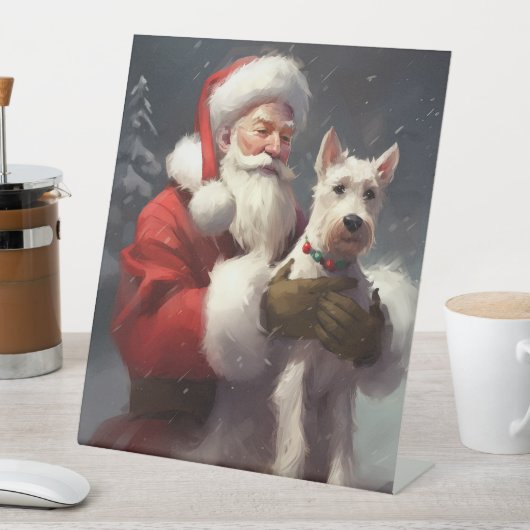 Wire Fox Terrier Kerstman Feestelijke Kerstmis Reclamebord Met Voetstuk (Insitu)
