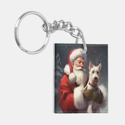 Wire Fox Terrier Kerstman Feestelijke Kerstmis Sleutelhanger (Voorkant Links)