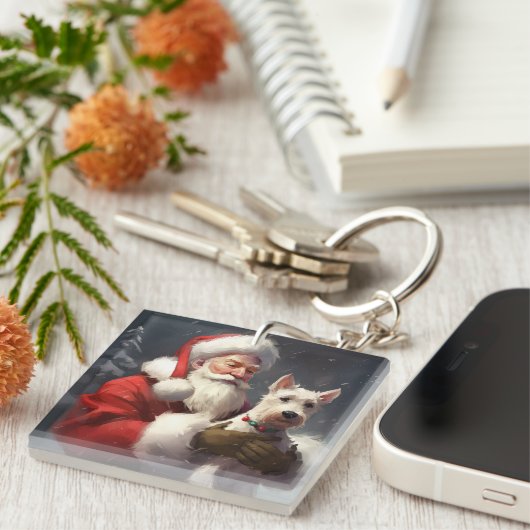 Wire Fox Terrier Kerstman Feestelijke Kerstmis Sleutelhanger (Voorkant Rechts)