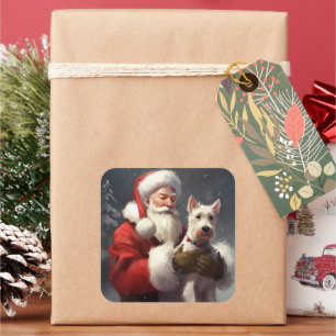 Wire Fox Terrier Kerstman Festieve Kerstmis Vierkante Sticker