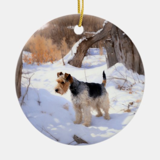Wire Fox Terrier Laat het sneeuwen Kerstmis Keramisch Ornament (Voorkant)