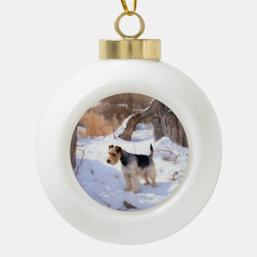 Wire Fox Terrier Laat het sneeuwen Kerstmis Keramische Bal Ornament (Voorkant)