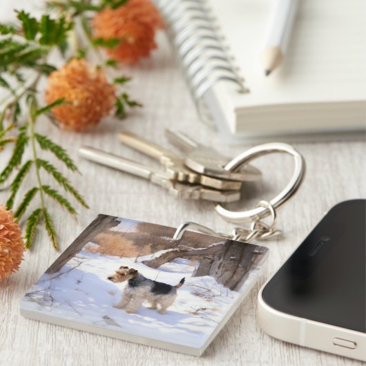 Wire Fox Terrier Laat het sneeuwen Kerstmis Sleutelhanger (Voorkant Rechts)