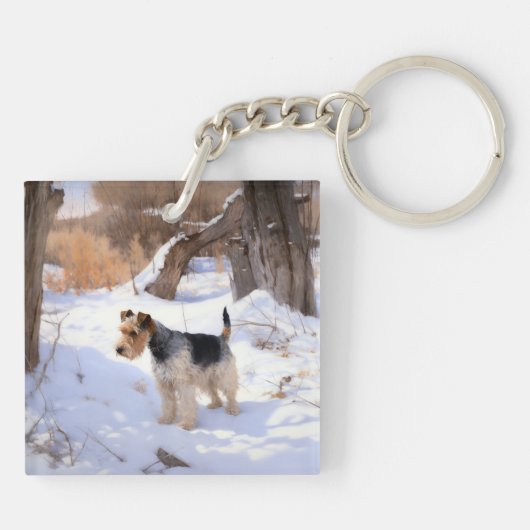 Wire Fox Terrier Laat het sneeuwen Kerstmis Sleutelhanger (Achterkant)