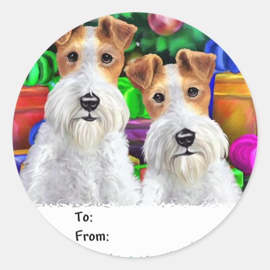Wire Fox Terrier Open Gifts Kerstmis Ronde Sticker (Voorkant)