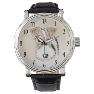 Wire fox terrier Painting - Cute Original Dog Art Horloge