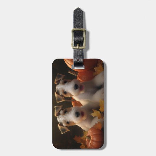 Wire Fox Terrier Puppy Herfst Delight Pompoen Bagagelabel (Voorkant verticaal)