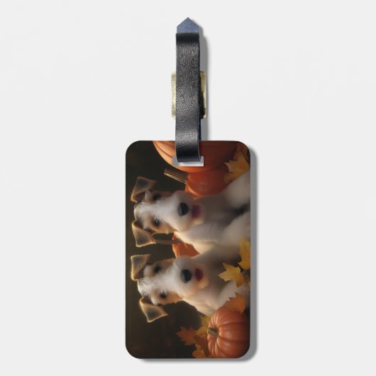 Wire Fox Terrier Puppy Herfst Delight Pompoen Bagagelabel (Achterkant verticaal)