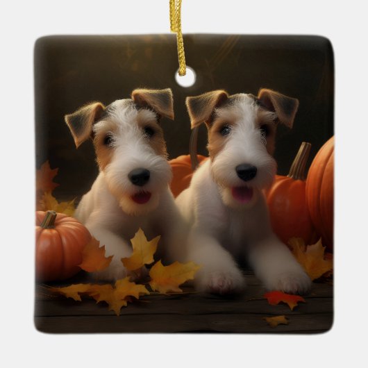 Wire Fox Terrier Puppy Herfst Delight Pompoen Keramisch Ornament (Voorkant)