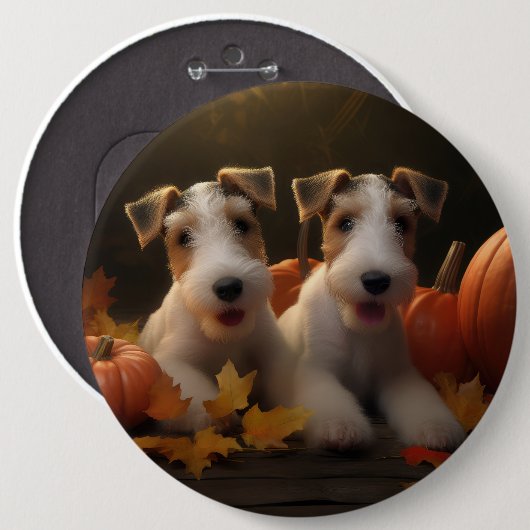 Wire Fox Terrier Puppy Herfst Delight Pompoen Ronde Button 6,0 Cm (Voorkant /achterkant)