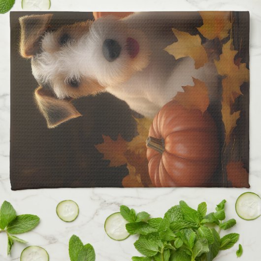 Wire Fox Terrier Puppy Herfst Delight Pompoen Theedoek (Gevouwen)