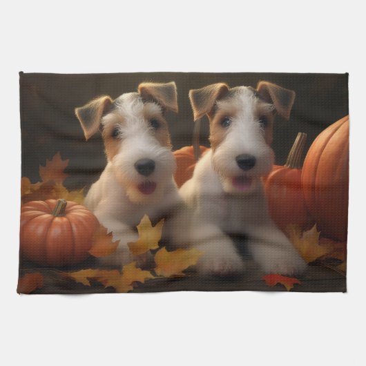Wire Fox Terrier Puppy Herfst Delight Pompoen Theedoek (Horizontaal)