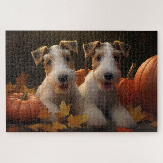 Wire Fox Terrier Puppy Herfstvreugde Pompoen Legpuzzel (Horizontaal)