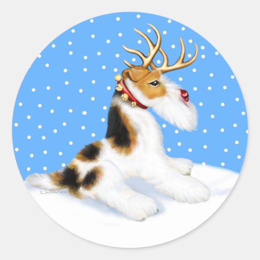 Wire Fox Terrier Reindeer Ronde Sticker (Voorkant)