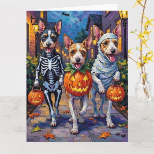 Wire Fox Terrier Trick-or-Treating Halloween Kaart (Gele Bloem)