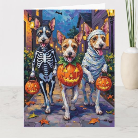 Wire Fox Terrier Trick-or-Treating Halloween Kaart (Voorkant)