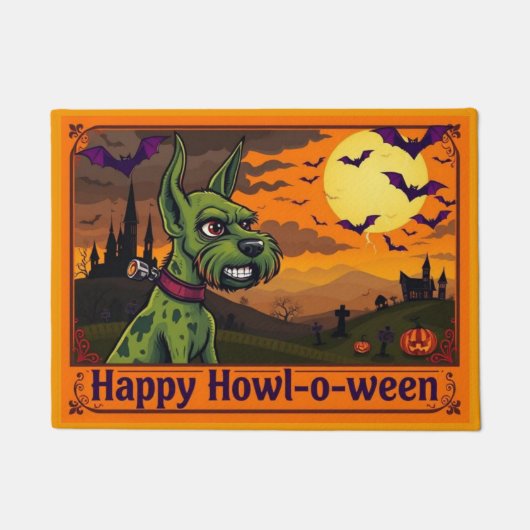 Wire Fox Terrierstein Happy Howl-o-ween Deurmat (Voorkant)