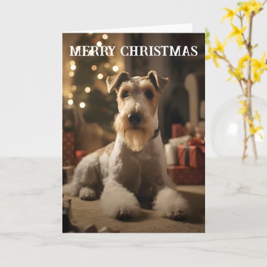 Wire Hair Fox Terrier Kerst Kaart (Gele Bloem)