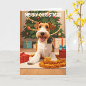 Wire Hair Fox Terrier Kerst Kaart (Gele Bloem)