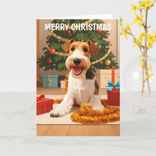 Wire Hair Fox Terrier Kerst Kaart (Gele Bloem)