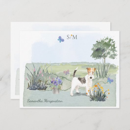 Wire Haire Fox Terrier Butterfly Meadow Monogram  Notitiekaartje (Voorkant / Achterkant)