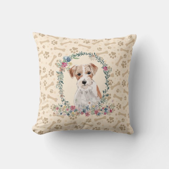 Wire Haire Jack Russell Dog Paw Print & Floral Kussen (Voorkant)