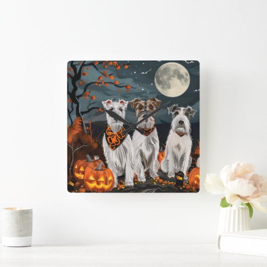 Wirefox Terrier Halloween Spooky Vierkante Klok (Huis)