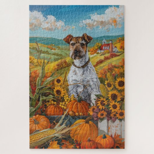 Wirefox Terriër Hond Herfst Oogst Thanksgiving Legpuzzel (Verticaal)