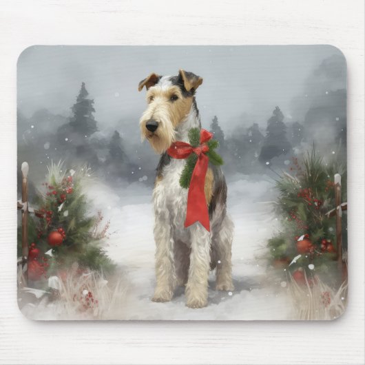 Wirefox Terrier-hond in de sneeuw met Kerstmis Muismat (Voorkant)