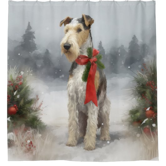 Wirefox Terrier Hond in Sneeuw Kerstmis Douchegordijn (Voorkant)