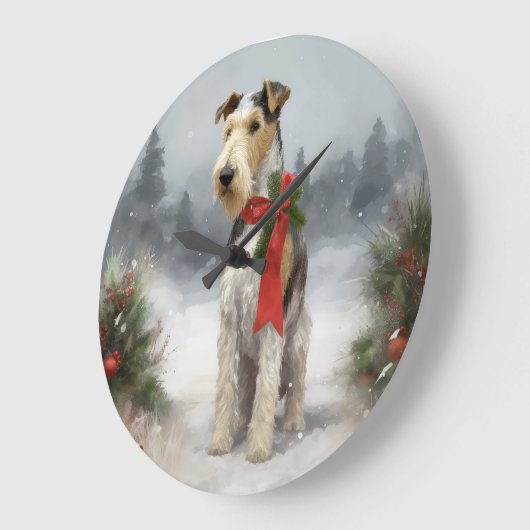 Wirefox Terrier Hond in Sneeuw Kerstmis Grote Klok (Hoek)