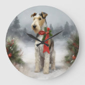 Wirefox Terrier Hond in Sneeuw Kerstmis Grote Klok (Voorkant)