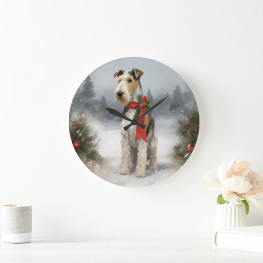Wirefox Terrier Hond in Sneeuw Kerstmis Grote Klok (Huis)