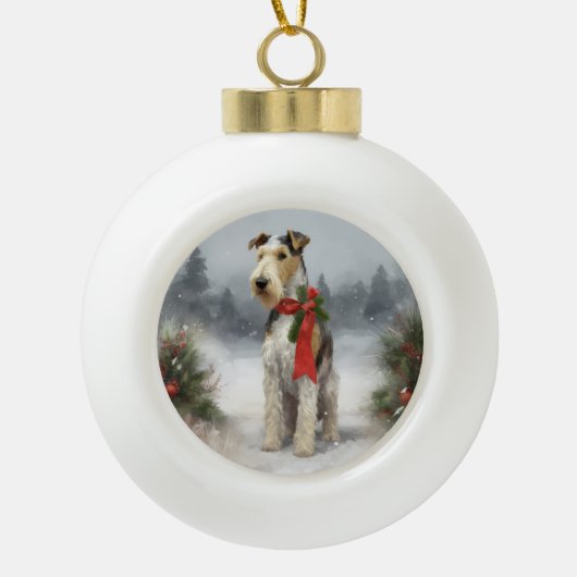 Wirefox Terrier Hond in Sneeuw Kerstmis Keramische Bal Ornament (Voorkant)