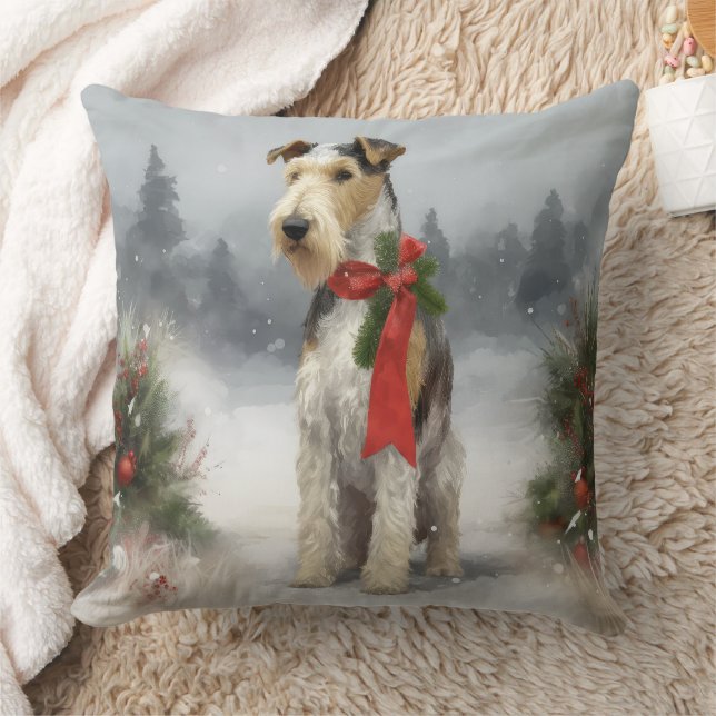 Wirefox Terrier Hond in Sneeuw Kerstmis Kussen (Deken)