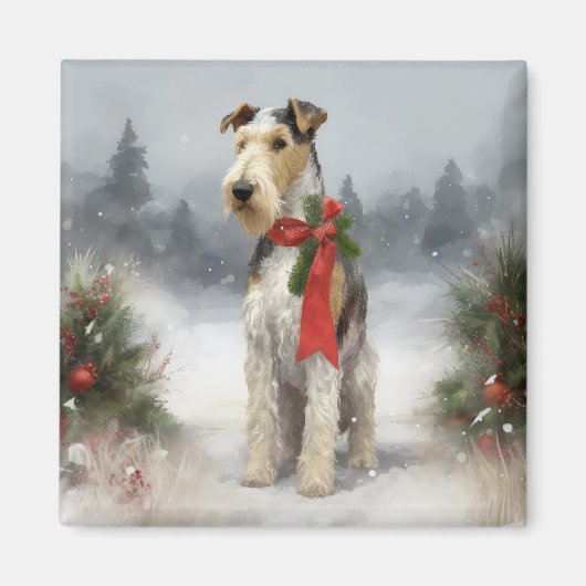 Wirefox Terrier Hond in Sneeuw Kerstmis Magneet (Voorkant)