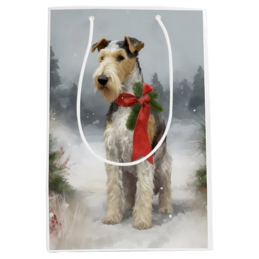 Wirefox Terrier Hond in Sneeuw Kerstmis Medium Cadeauzakje (Voorkant)